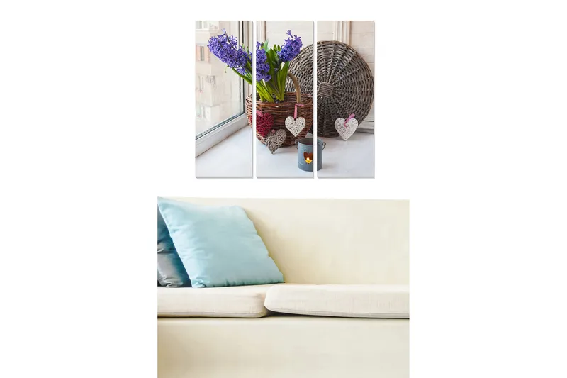 Trælærredstryk 3-delt 50x70 cm - Farverig buket hyacinter i en kurv ved et vindue, Lilla / Grøn / Brun
