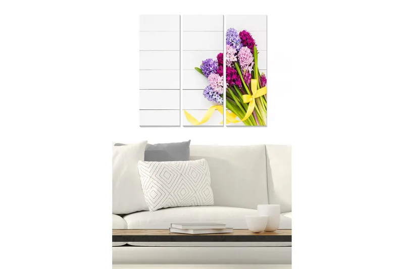 Trælærredstryk 3-delt 50x70 cm - Farverig buket hyacinter med et gult bånd, Lilla / Lyserød / Grøn