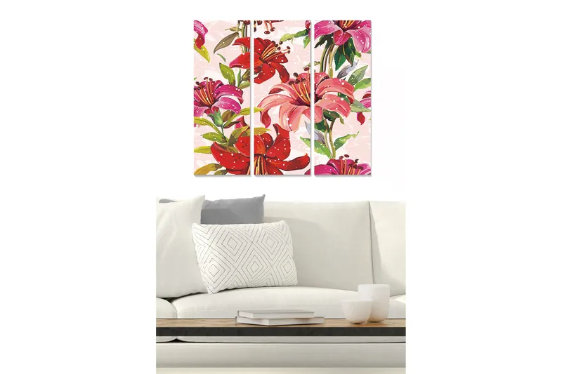 Trælærredstryk 3-delt 50x70 cm - Farverig buket liljer, Lyserød / Rød / Grøn