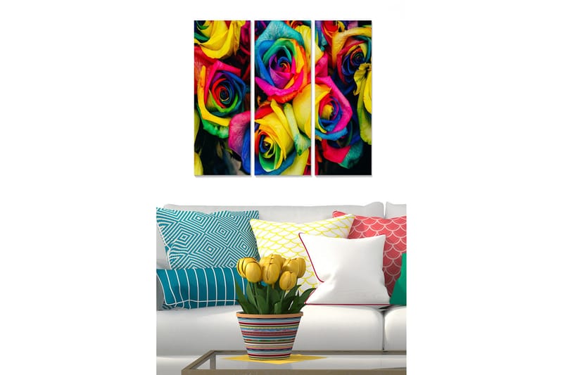 Trælærredstryk 3-delt 50x70 cm - Farverig buket roser, Gul / Lyserød / Blå