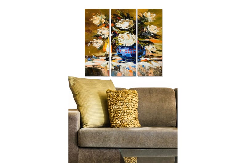 Trælærredstryk 3-delt 50x70 cm - Farverig buket roser i en blå vase, Hvid / Blå / Guld