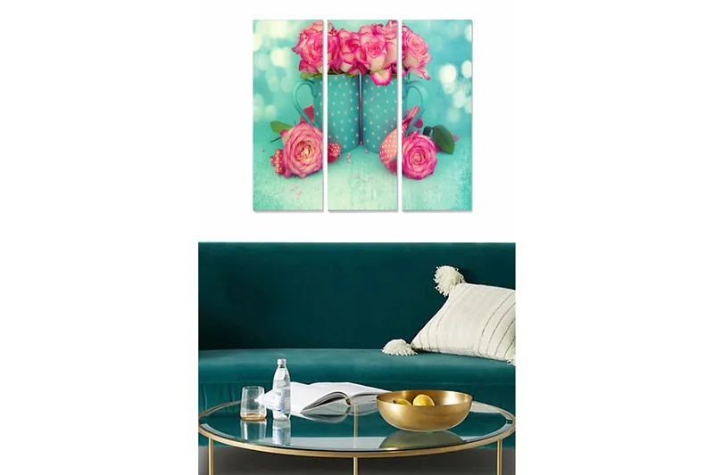 Trælærredstryk 3-delt 50x70 cm - Farverig buket roser i en blå potte, Lyserød / Turkis / Grøn