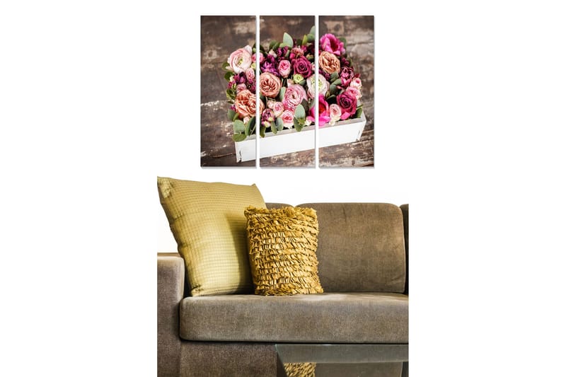 Trælærredstryk 3-delt 50x70 cm - Farverig buket roser i en hvid æske, Lyserød / Grøn / Beige