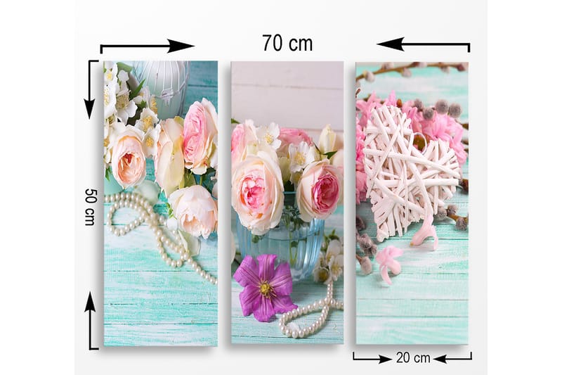 Trælærredstryk 3-delt 50x70 cm - Farverig buket roser og blomster i en glasvase - Lyserød / Grøn / Hvid - Boligtilbehør - Billeder & kunst - Billeder på lærred