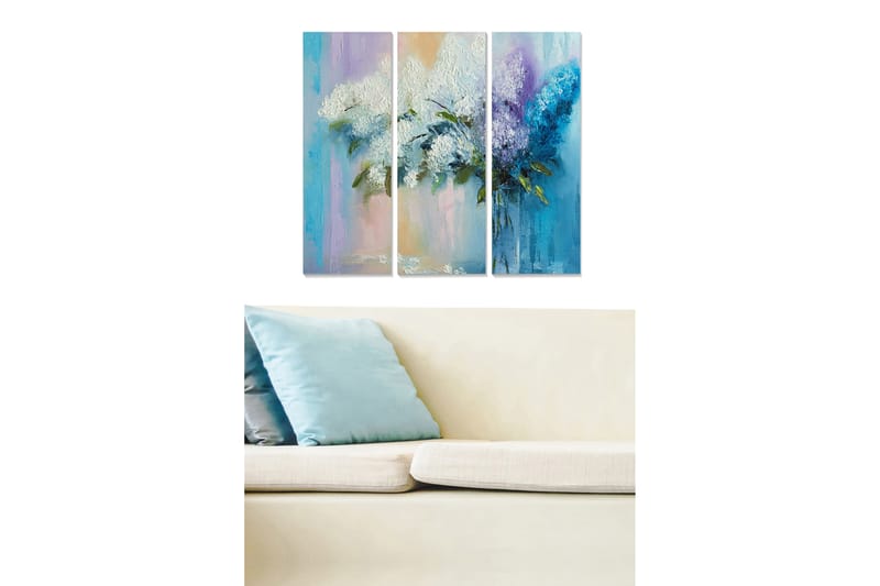 Trælærredstryk 3-delt 50x70 cm - Farverig buket syrener, Hvid / Lilla / Blå