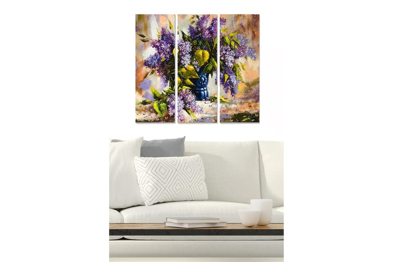 Trælærredstryk 3-delt 50x70 cm - Farverig buket syrener i en blå vase, Lilla / Grøn / Blå