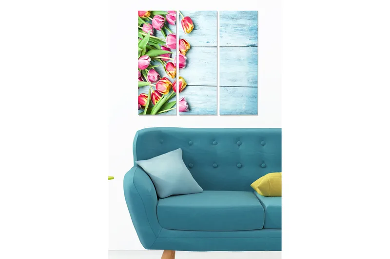Trælærredstryk 3-delt 50x70 cm - Farverig buket tulipaner, Lyserød / Grøn / Gul