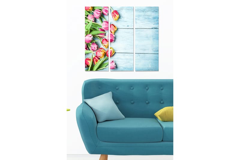 Trælærredstryk 3-delt 50x70 cm - Farverig buket tulipaner, Lyserød / Grøn / Gul