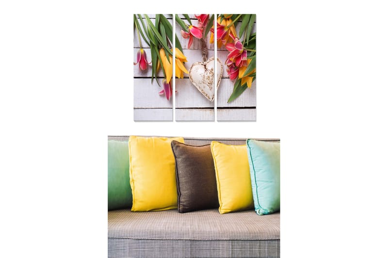 Trælærredstryk 3-delt 50x70 cm - Farverig buket tulipaner med et hjerte i midten, Lyserød / Gul / Grøn