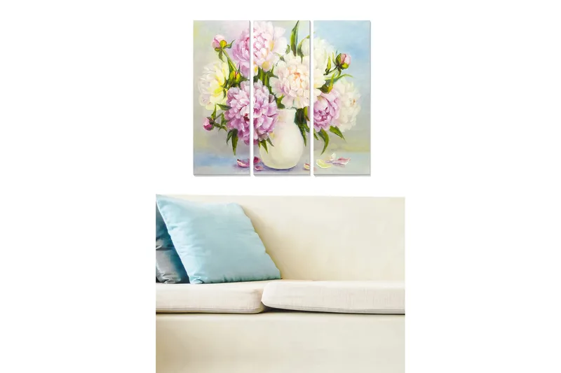 Trælærredstryk 3-delt 50x70 cm - Farverig buket pæoner i vase, Lys pink / Hvid / Grøn