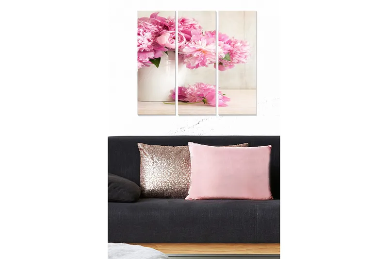 Trælærredstryk 3-delt 50x70 cm - Farverig buket pæoner i en hvid potte, Lyserød / Grøn / Hvid