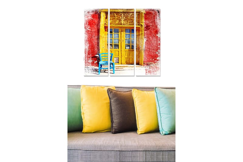 Trælærredstryk 3-delt 50x70 cm - Farverig dør med en blå stol foran, Rød / Gul / Blå