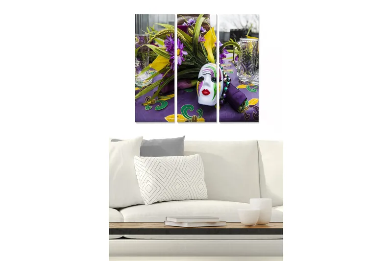 Trælærredstryk 3-delt 50x70 cm - Farverig festlig borddækning med maske og blomster, Lilla / Gul / Grøn