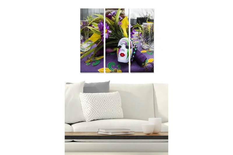 Trælærredstryk 3-delt 50x70 cm - Farverig festlig borddækning med maske og blomster, Lilla / Gul / Grøn