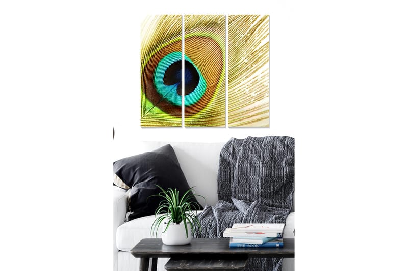 Trælærredstryk 3-delt 50x70 cm - Farverig fjer med øjenlignende mønster, Turkis / Guld / Sort