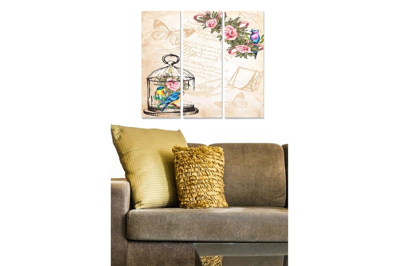 Trælærredstryk 3-delt 50x70 cm - Farverig fugl i bur omgivet af blomster og sommerfugle, Grøn / Lyserød / Blå