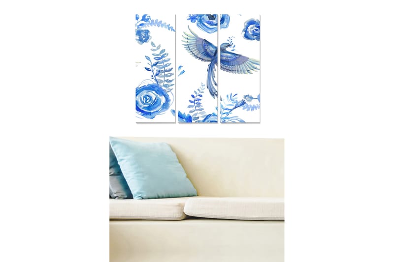 Trælærredstryk 3-delt 50x70 cm - Farverig fugl omgivet af blå roser og plantedetaljer, Blå / Lyseblå