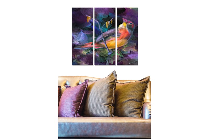 Trælærredstryk 3-delt 50x70 cm - Farverig fugl på en gren med abstrakt baggrund, Lilla / Orange / Grøn
