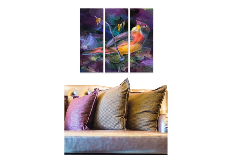 Trælærredstryk 3-delt 50x70 cm - Farverig fugl på en gren med abstrakt baggrund, Lilla / Orange / Grøn