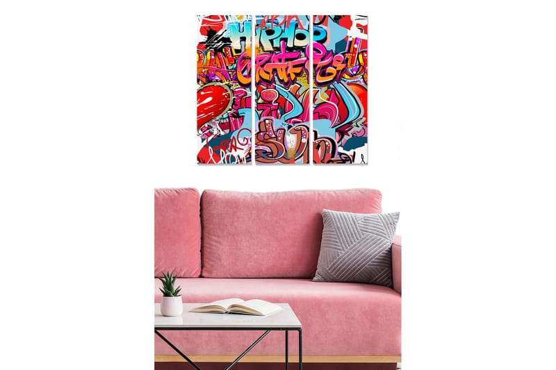 Trælærredstryk 3-delt 50x70 cm - Farverig graffiti med urbane elementer og hjertemotiver, Rød / Blå / Lyserød