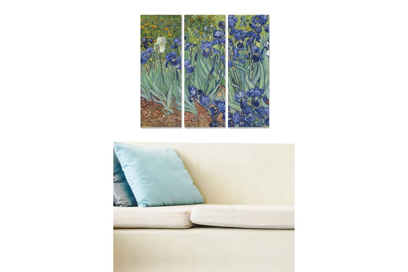 Trælærredstryk 3-delt 50x70 cm - Farverig have med irisblomster, Blå / Grøn / Gul