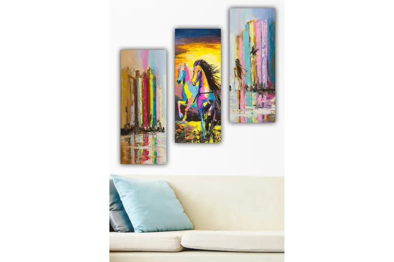 Trælærredstryk 3-delt 50x70 cm - Farverig hest i bevægelse foran abstrakte søjler, Lyserød / Gul / Blå