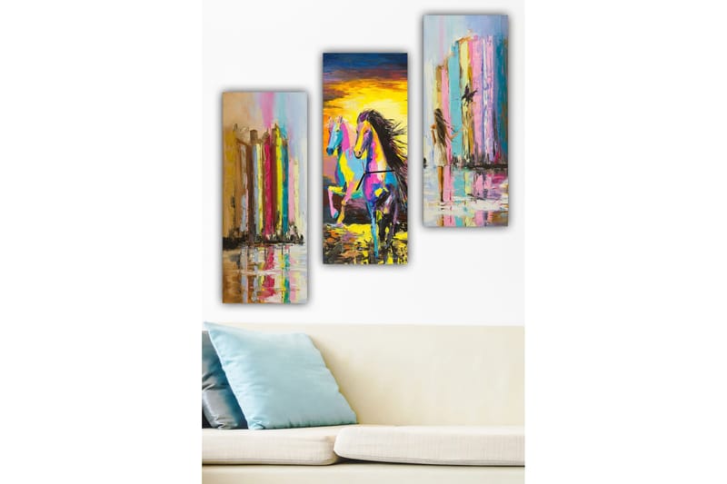Trælærredstryk 3-delt 50x70 cm - Farverig hest i bevægelse foran abstrakte søjler, Lyserød / Gul / Blå