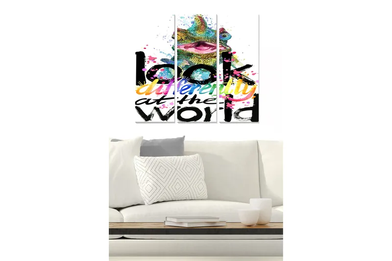 Trælærredstryk 3-delt 50x70 cm - Farverig kamæleon med inspirerende tekst - Grøn / Lyserød / Sort - Boligtilbehør - Billeder & kunst - Billeder på lærred