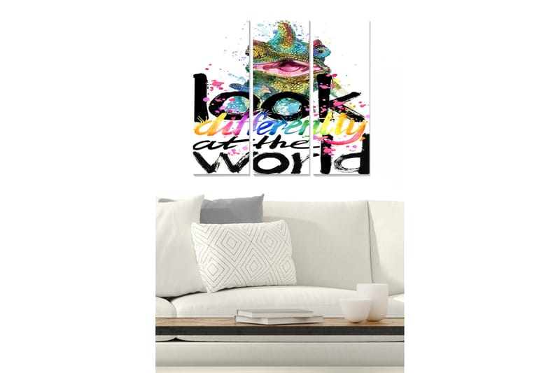 Trælærredstryk 3-delt 50x70 cm - Farverig kamæleon med inspirerende tekst, Grøn / Lyserød / Sort