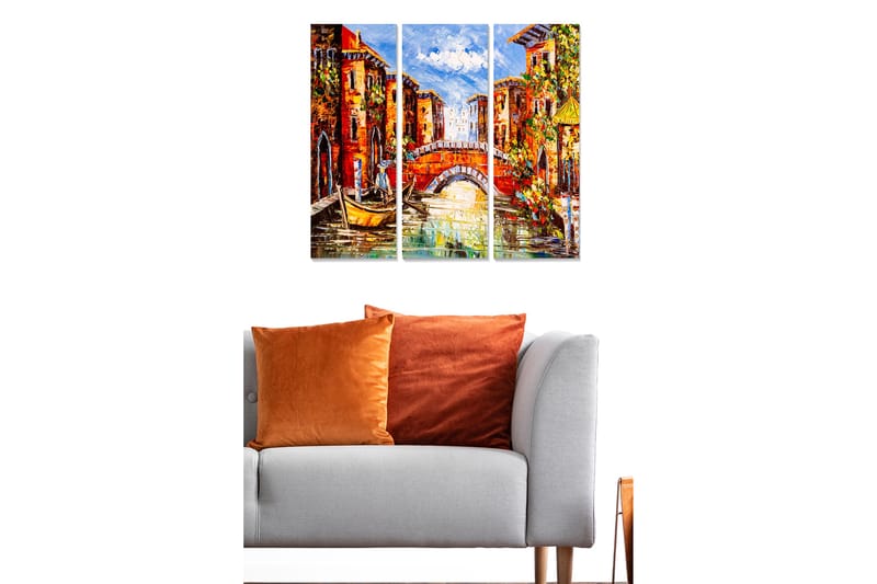 Trælærredstryk 3-delt 50x70 cm - Farverig kanal med bygninger og en båd, Rød / Grøn / Blå