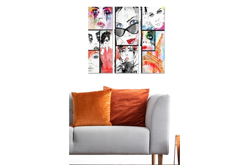 Trælærredstryk 3-delt 50x70 cm - Farverig komposition af ansigter med modeinspiration, Rød / Sort / Blå