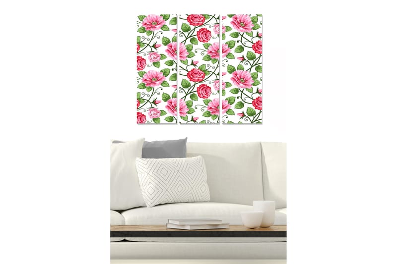 Trælærredstryk 3-delt 50x70 cm - Farverig komposition af blomster med roser og margueritter - Lyserød / Grøn - Boligtilbehør - Billeder & kunst - Billeder på lærred