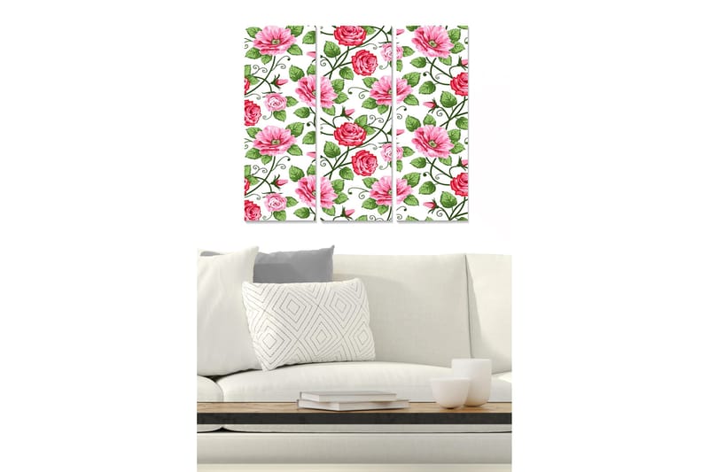 Trælærredstryk 3-delt 50x70 cm - Farverig komposition af blomster med roser og margueritter, Lyserød / Grøn