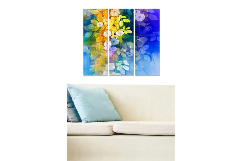 Trælærredstryk 3-delt 50x70 cm - Farverig komposition af blomster og blade i en harmonisk komposition, Blå / Gul / Grøn