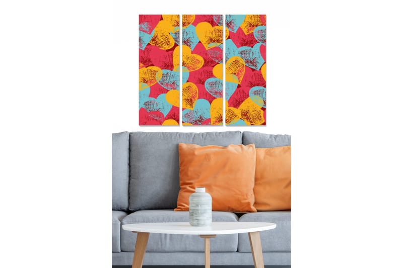 Trælærredstryk 3-delt 50x70 cm - Farverig komposition af hjerteformede mønstre, Rød / Gul / Turkis