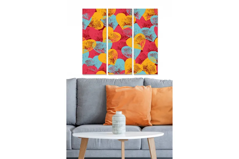 Trælærredstryk 3-delt 50x70 cm - Farverig komposition af hjerteformede mønstre, Rød / Gul / Turkis