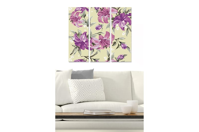 Trælærredstryk 3-delt 50x70 cm - Farverig komposition af liljer i forskellige nuancer, Lilla / Grøn / Beige
