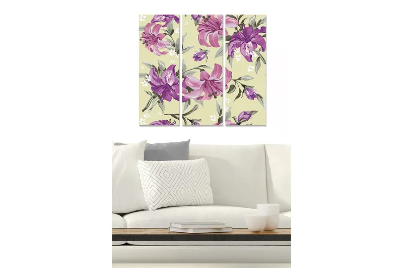 Trælærredstryk 3-delt 50x70 cm - Farverig komposition af liljer i forskellige nuancer, Lilla / Grøn / Beige