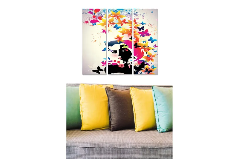 Trælærredstryk 3-delt 50x70 cm - Farverig komposition af sommerfugle og blomster i stiliseret portrætform, Lyserød / Blå / Sort