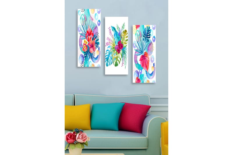 Trælærredstryk 3-delt 50x70 cm - Farverig komposition af tropiske planter og blomster, Rød / Grøn / Blå