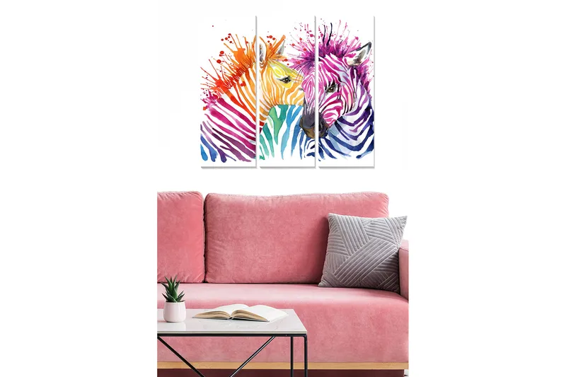 Trælærredstryk 3-delt 50x70 cm - Farverig komposition af zebraer med abstrakte mønstre, Lilla / Orange / Grøn