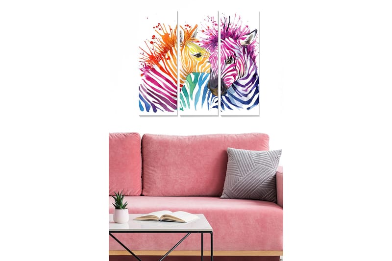 Trælærredstryk 3-delt 50x70 cm - Farverig komposition af zebraer med abstrakte mønstre, Lilla / Orange / Grøn