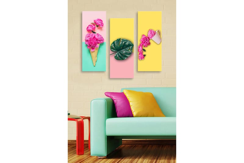 Trælærredstryk 3-delt 50x70 cm - Farverig komposition med blomster og blade i en glaskegle, der strækker sig over tre paneler, Lyserød / Grøn / Gul