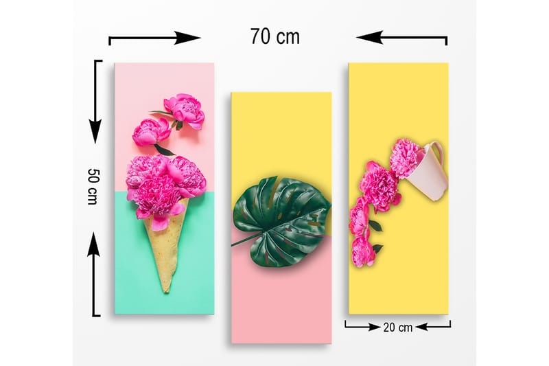Trælærredstryk 3-delt 50x70 cm - Farverig komposition med blomster og blade i en glaskegle, der strækker sig over tre paneler - Lyserød / Grøn / Gul - Boligtilbehør - Billeder & kunst - Billeder på lærred