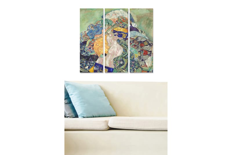 Trælærredstryk 3-delt 50x70 cm - Farverig komposition med en nøgen kvinde omgivet af mønstrede elementer, Grøn / Blå / Orange