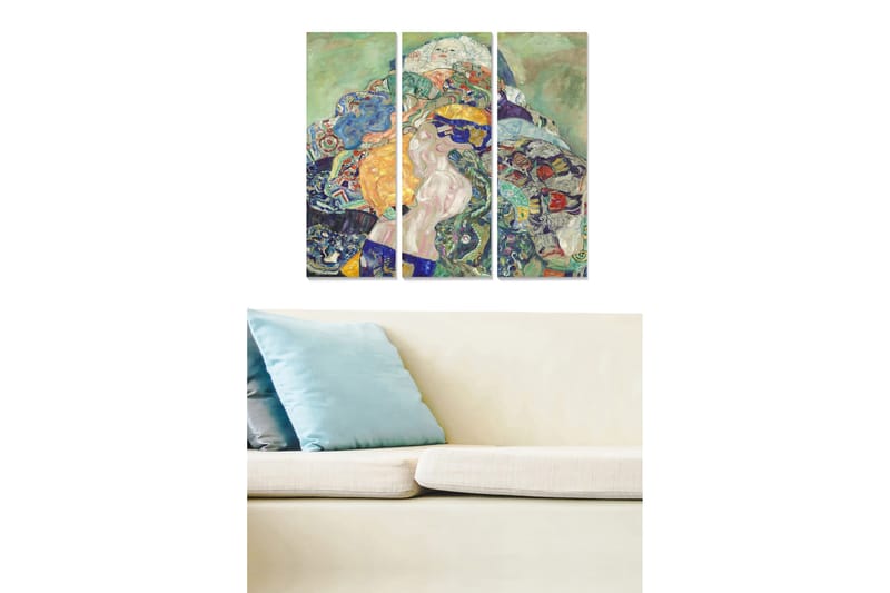 Trælærredstryk 3-delt 50x70 cm - Farverig komposition med en nøgen kvinde omgivet af mønstrede elementer, Grøn / Blå / Orange
