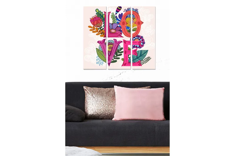 Trælærredstryk 3-delt 50x70 cm - Farverig komposition med ordet LOVE omgivet af blomster og blade, Lyserød / Grøn / Lilla
