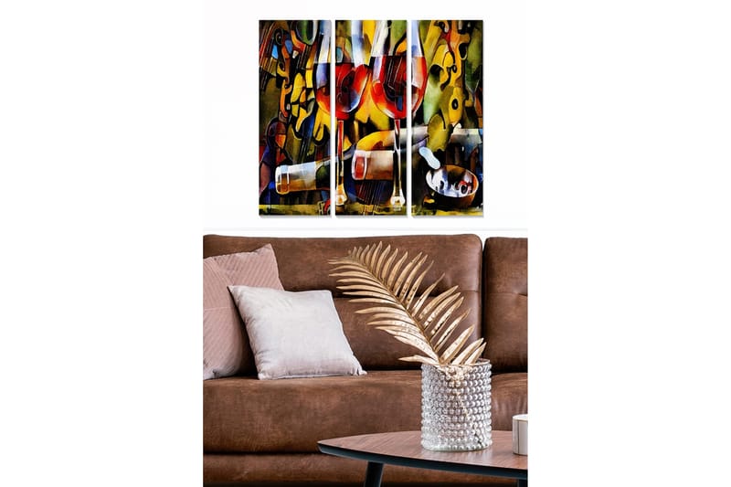 Trælærredstryk 3-delt 50x70 cm - Farverig komposition med vin og musikalske elementer, Rød / Gul / Grøn