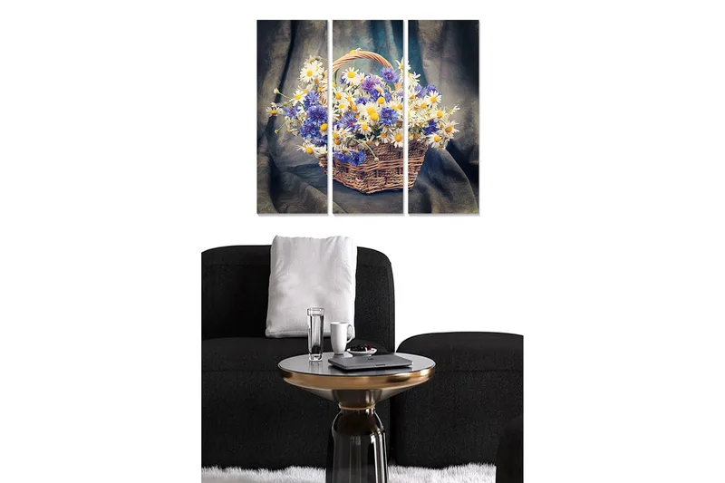 Trælærredstryk 3-delt 50x70 cm - Farverig kurv med blomster, Blå / Hvid / Gul