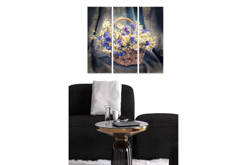 Trælærredstryk 3-delt 50x70 cm - Farverig kurv med blomster, Blå / Hvid / Gul